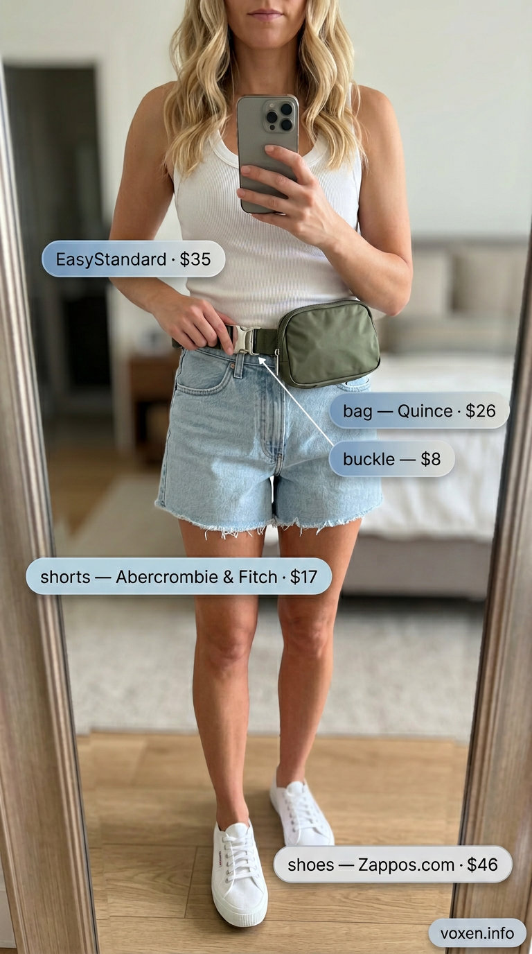 Simple every day summer outfits for women 2026: White tee, denim shorts, olive belt bag for weekend errands.