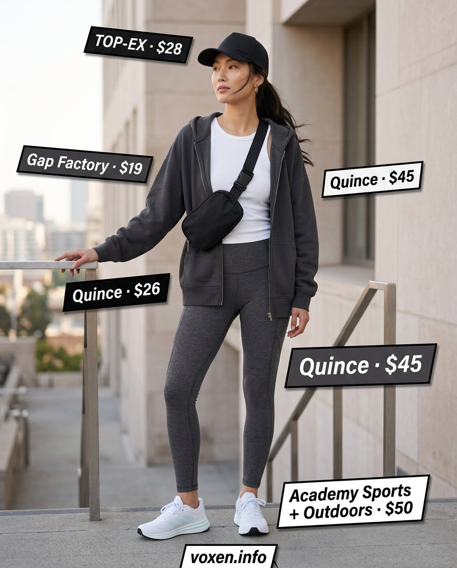 Stylish Mom Outfits Summer 2026: Active Mom Style Stylish mom outfits summer 2026: Grey leggings, oversized hoodie, and sneakers for an active mom look.