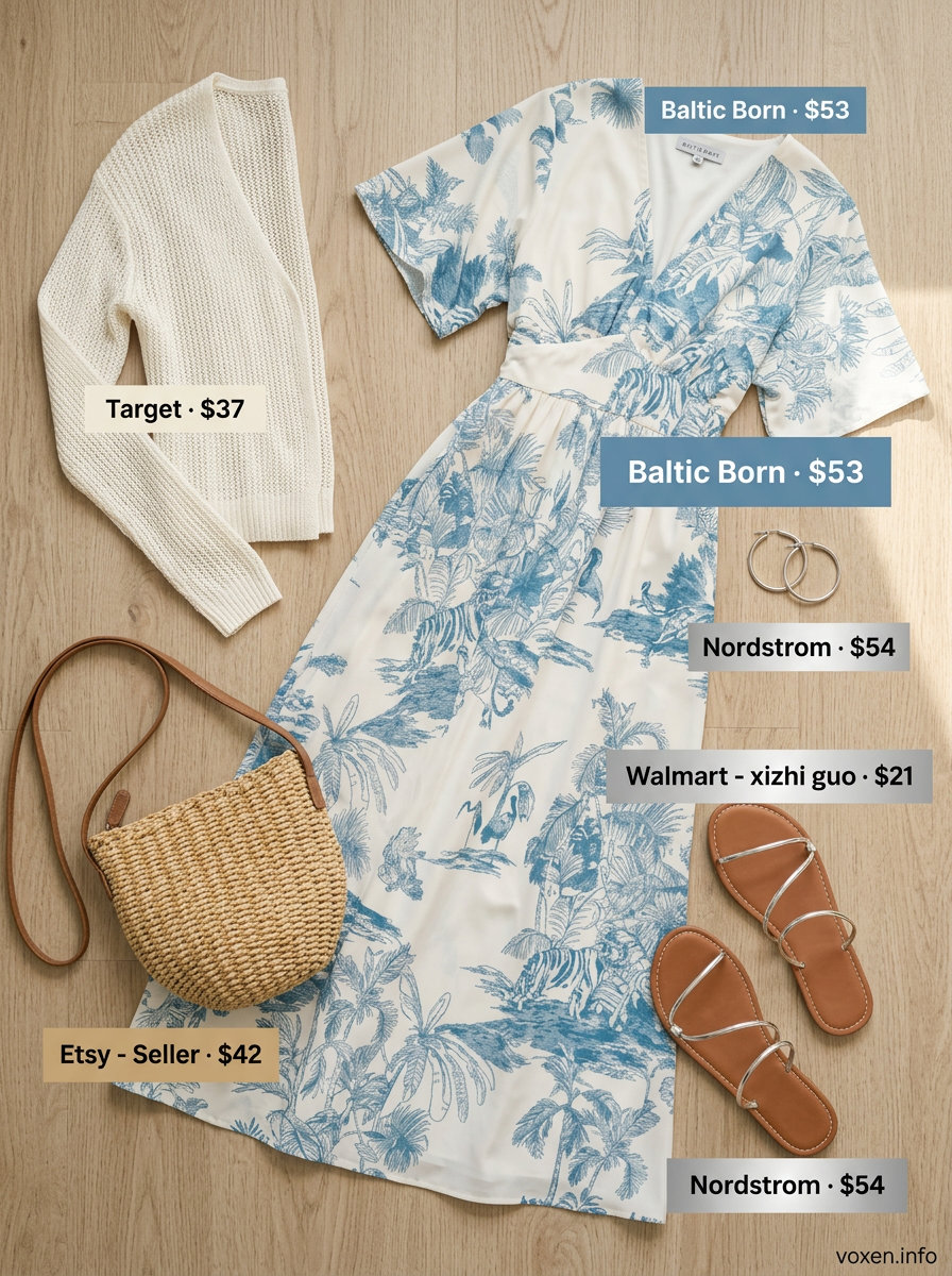 Summer Evening Stroll Outfit 2026 Stylish mom outfits summer 2026: Muted blue maxi dress, cream cardigan, straw bag for summer evening stroll.