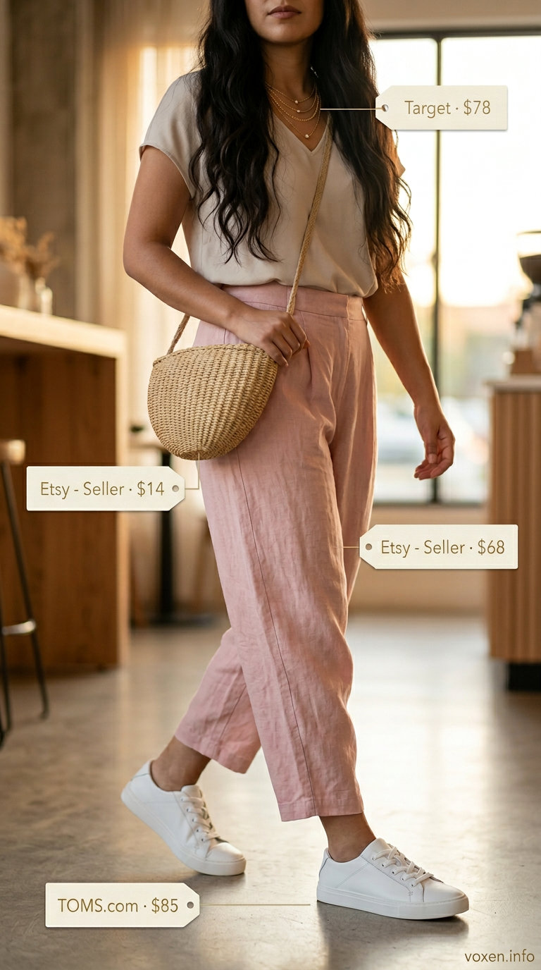 Stylish Mom Outfits Summer 2026: Brunch Ready Set Stylish mom outfits summer 2026: Blush pink linen set with white sneakers for a chic brunch look.