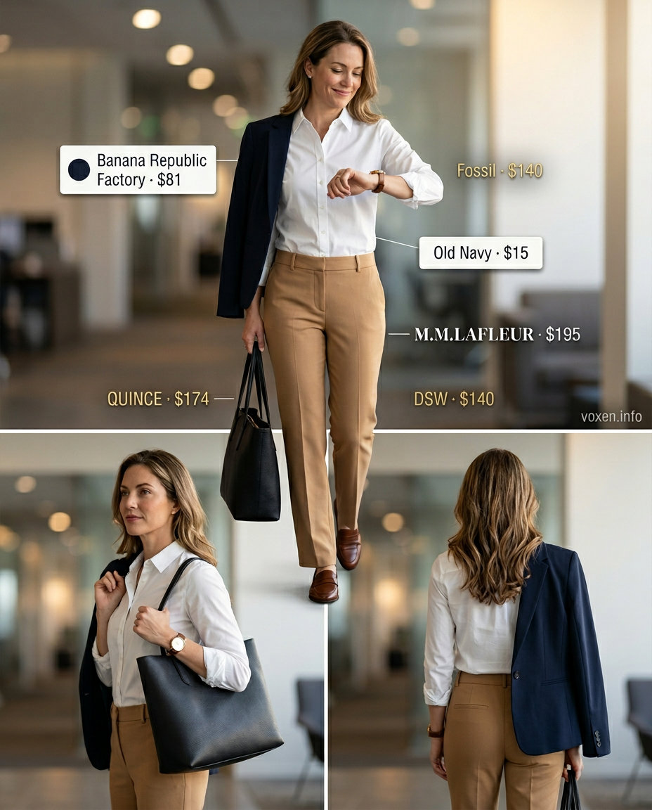 Casual Office Chic Outfit 2026 Stylish mom outfits summer 2026: Camel trousers, white shirt, navy blazer for casual office or business casual.