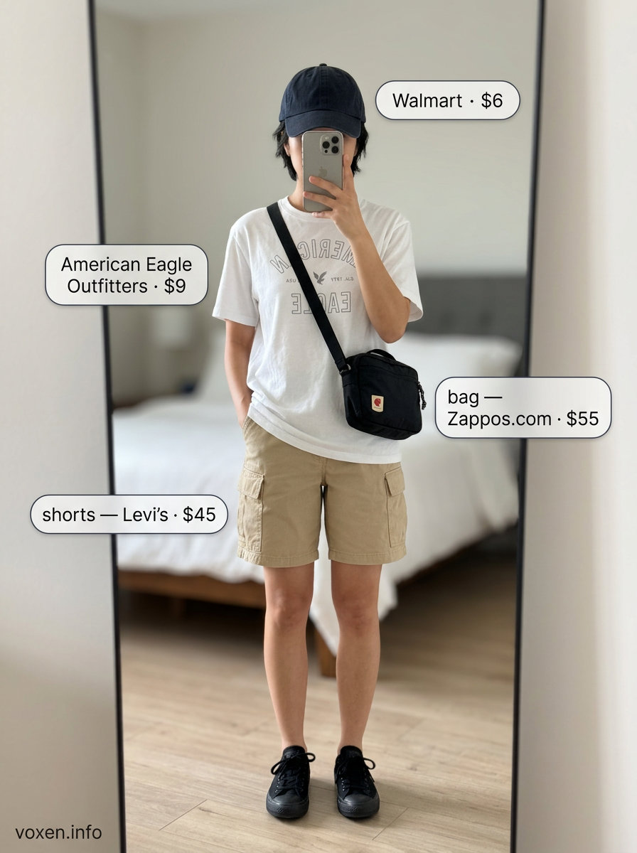 Stylish Mom Outfits Summer 2026: Casual Cargo Shorts Look Stylish mom outfits summer 2026: Khaki cargo shorts, white graphic tee, black cap & sneakers for casual days.