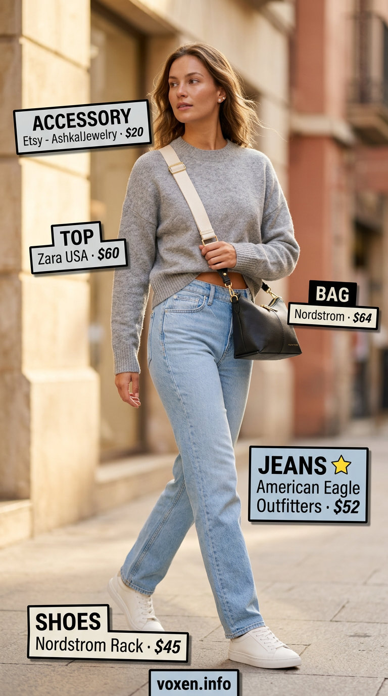Stylish Mom Outfits Summer 2026: Casual Cool Mom Jeans Stylish mom outfits summer 2026: Blue jeans, grey sweater, and white sneakers for casual everyday wear.