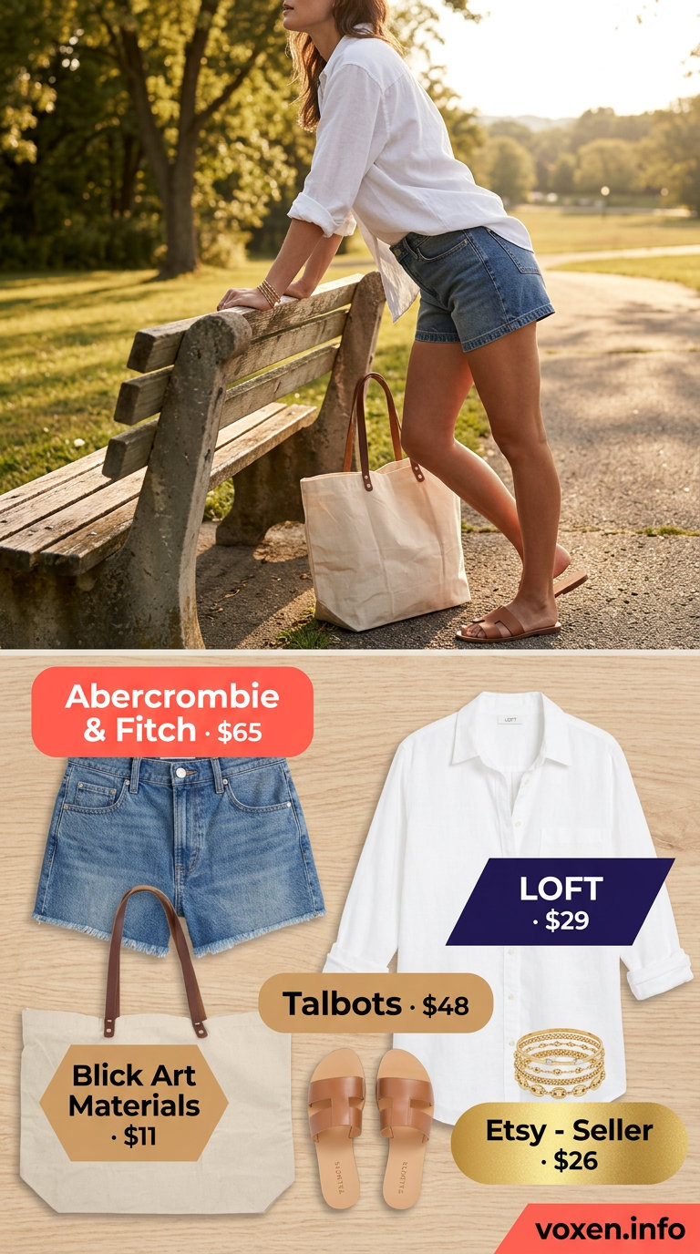Stylish Mom Outfits Summer 2026: Denim Shorts Picnic Look Stylish mom outfits summer 2026: Denim shorts, oversized linen shirt, slides for park picnics.
