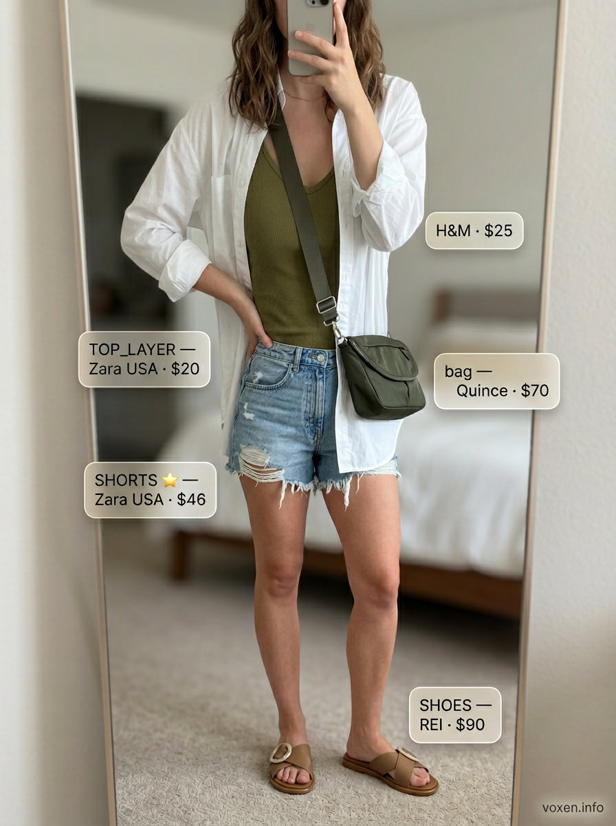 Playdate Ready Outfit 2026 Stylish mom outfits summer 2026: Light wash denim shorts, white oversized shirt, olive crossbody for playdate.