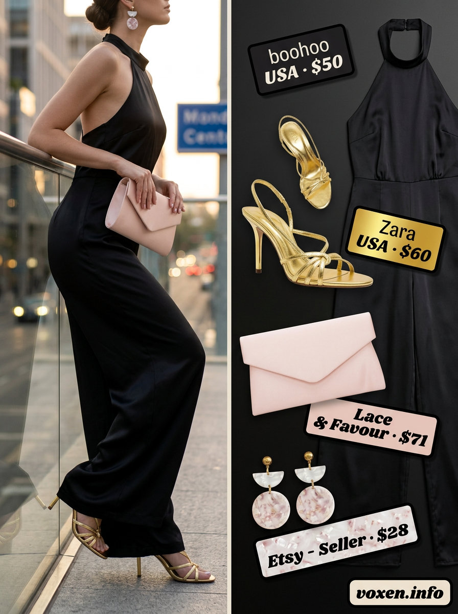Stylish Mom Outfits Summer 2026: Evening Jumpsuit Stylish mom outfits summer 2026: Black wide-leg jumpsuit with gold heels for summer evening elegance.