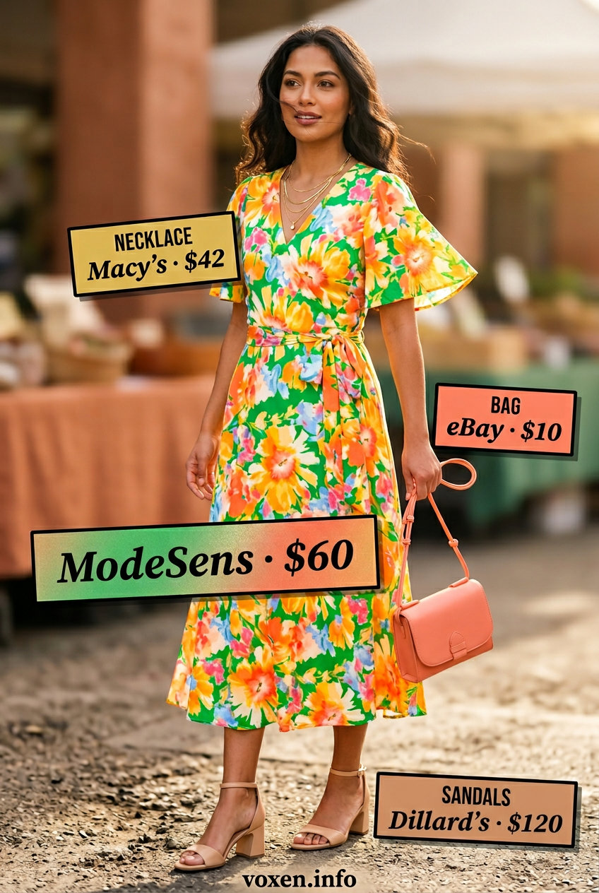 Al Fresco Lunch Date Outfit 2026 Stylish mom outfits summer 2026: Floral midi wrap dress, tan block heels for al fresco lunch.