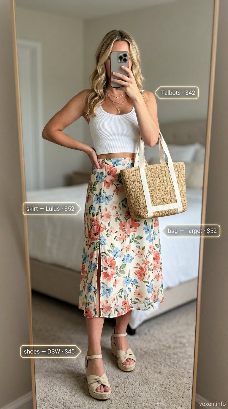 Stylish Mom Outfits Summer 2026: Floral Skirt Brunch Style Stylish mom outfits summer 2026: Floral midi skirt, white tee, espadrilles for weekend brunch.