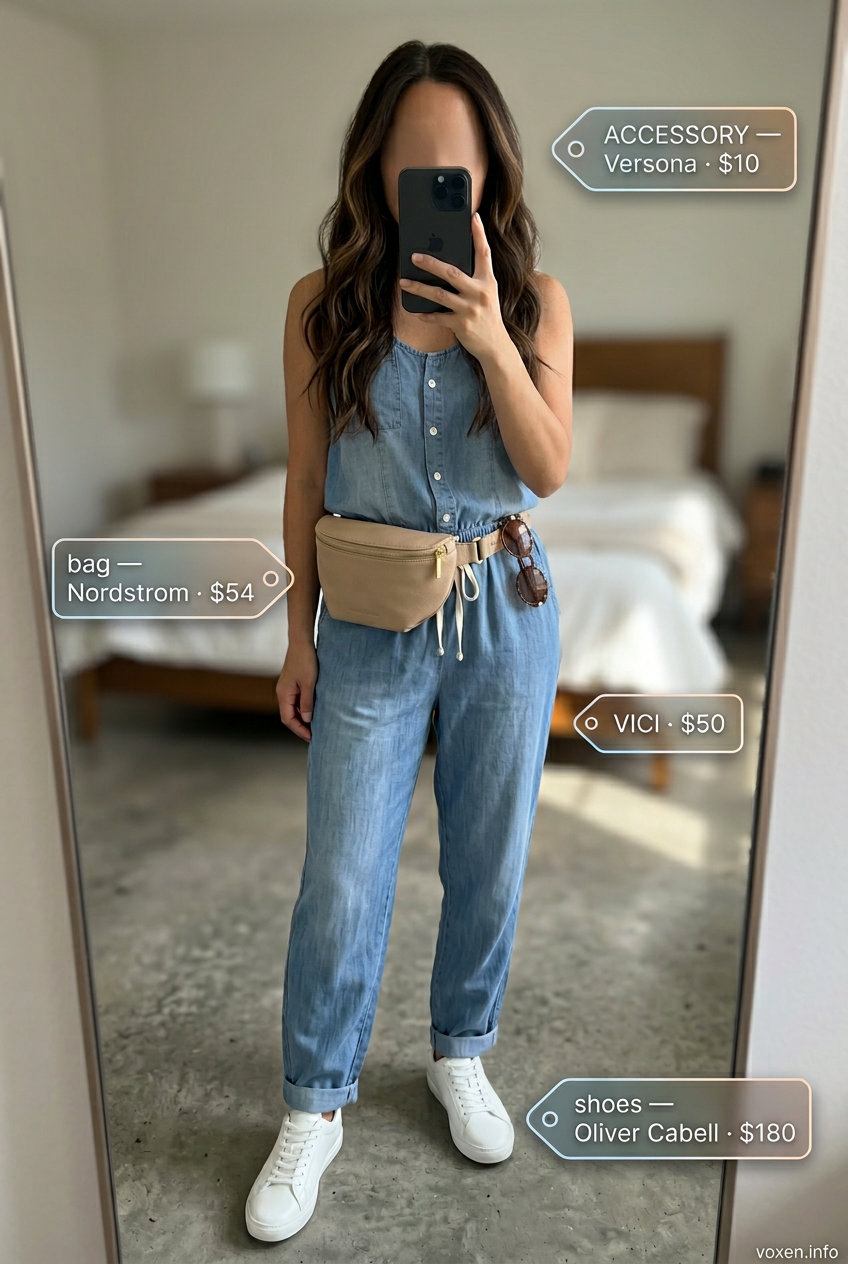 Stylish Mom Outfits Summer 2026: Jumpsuit Travel Style Stylish mom outfits summer 2026: Chambray utility jumpsuit, white sneakers, tan belt bag for travel.