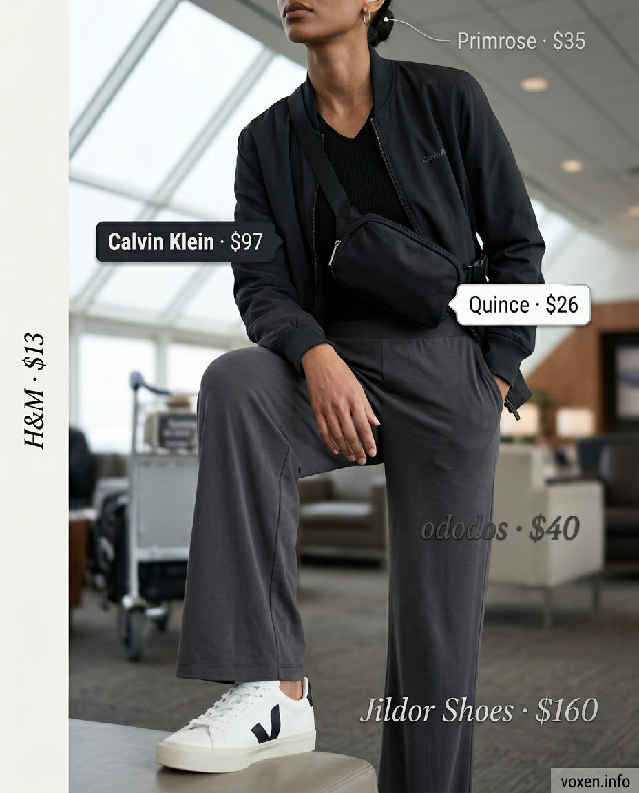 Elevated Athleisure Outfit 2026 Stylish mom outfits summer 2026: Charcoal wide-leg knit pants, black tank, bomber jacket for elevated athleisure.