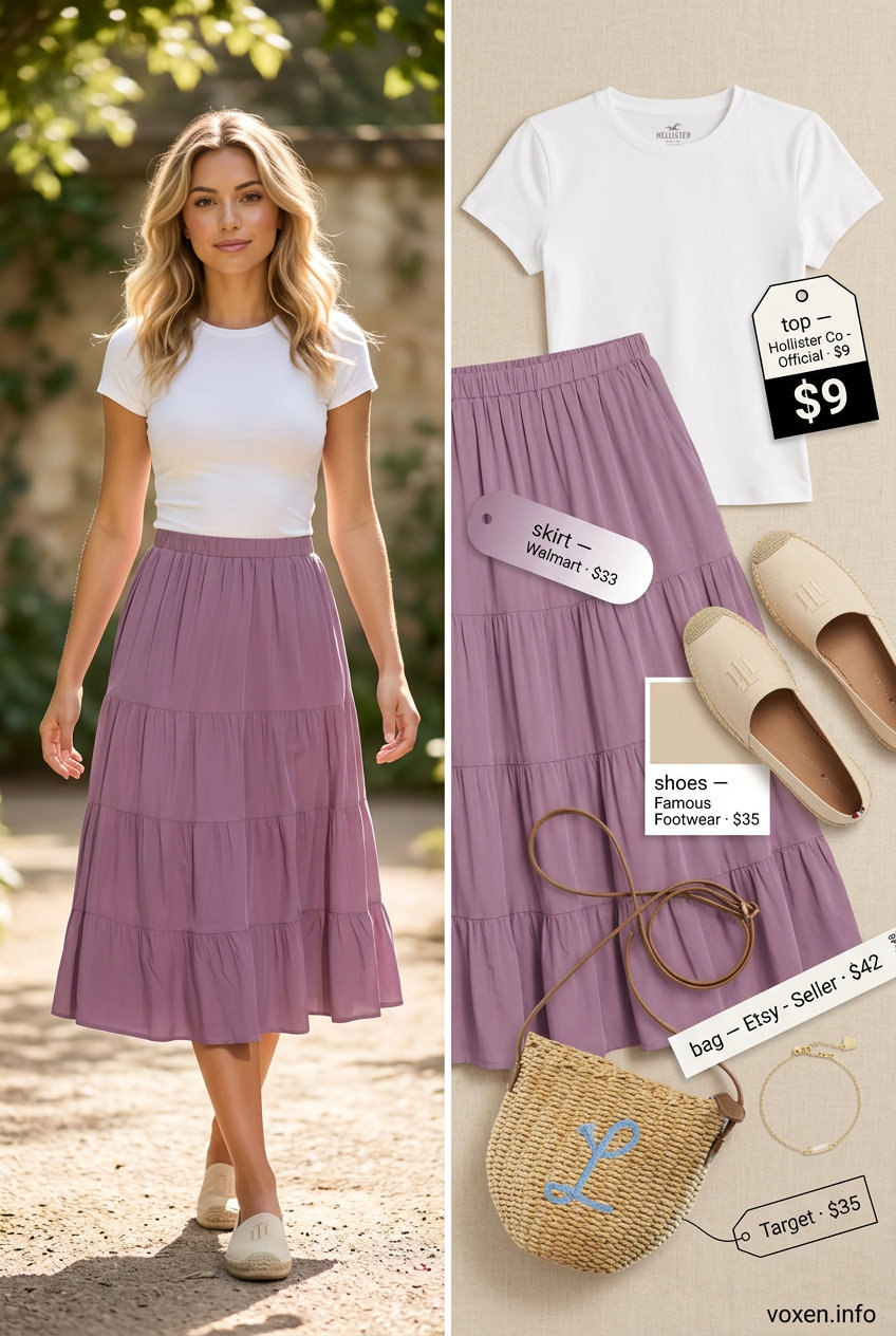 Stylish Mom Outfits Summer 2026: Picnic Lavender Skirt Stylish mom outfits summer 2026: Lavender tiered skirt, white tee, espadrilles for summer picnics.