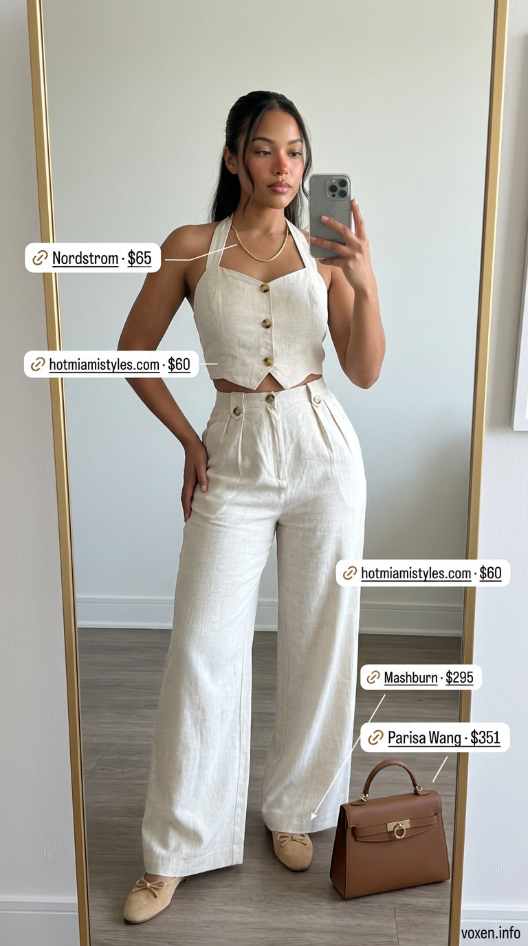 Stylish Mom Outfits Summer 2026: Polished Linen Set Stylish mom outfits summer 2026: Linen set, cream top, wide-leg pants for summer events.