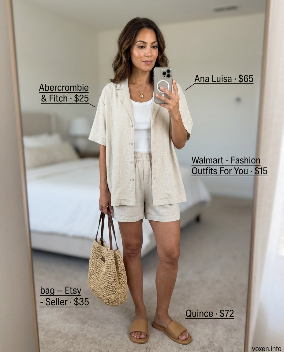 Stylish Mom Outfits Summer 2026: Relaxed Linen Set Stylish mom outfits summer 2026: Linen shorts set, white tank, straw tote for relaxed daytime.