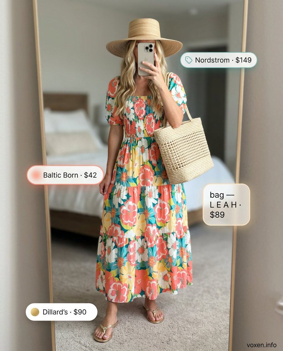 Stylish Mom Outfits Summer 2026: Coastal Maxi Dress Stylish mom outfits summer 2026: Floral maxi dress, straw hat, gold sandals for coastal getaways.