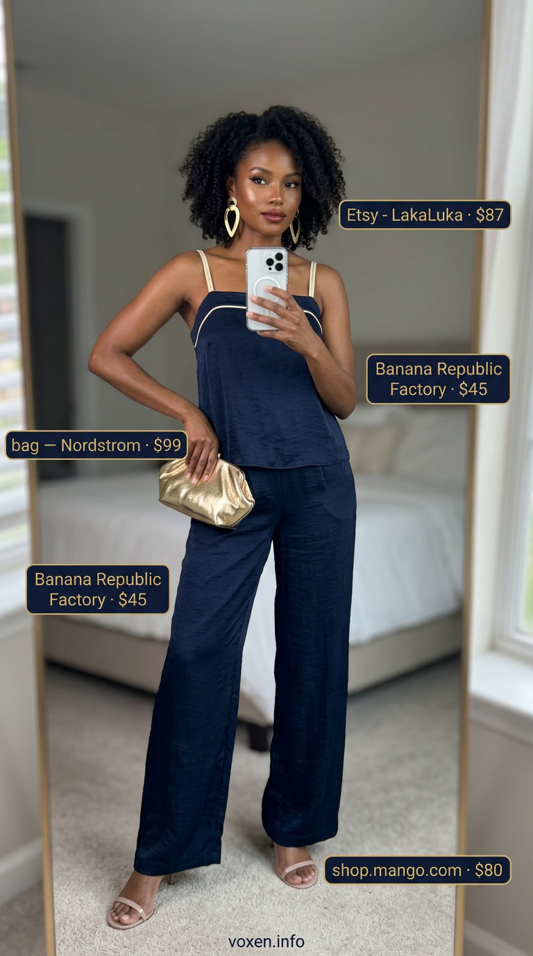 Effortless Evening Out Outfit 2026 Stylish mom outfits summer 2026: Navy wide-leg pants set, gold statement earrings for an effortless evening out.