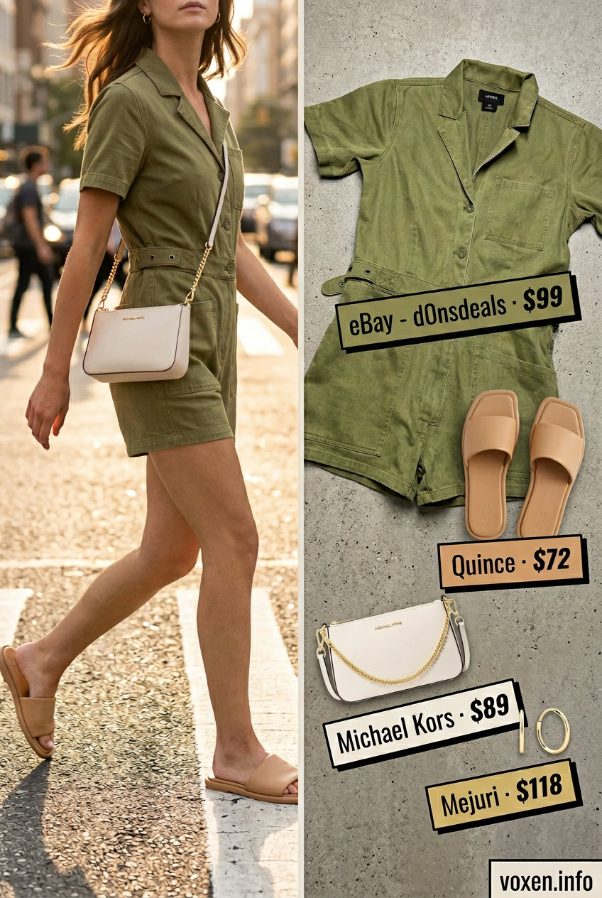 Chic Summer Jumpsuit Outfit 2026 Stylish mom outfits summer 2026: Olive green utility jumpsuit, tan slides, cream crossbody bag for casual day out.