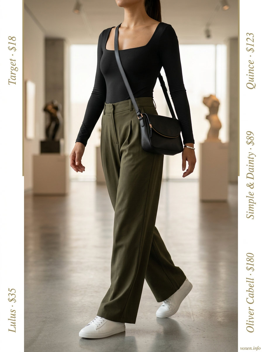 Stylish mom outfits summer 2026: Olive wide-leg pants, black bodysuit, white sneakers for urban exploration.