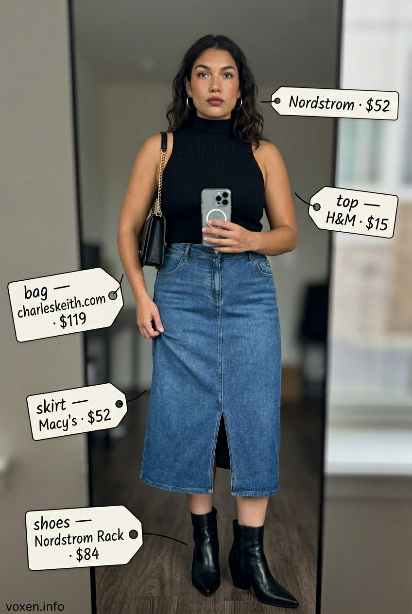 Stylish Mom Outfits Summer 2026: Retro Denim Dinner Look Stylish mom outfits summer 2026: Denim midi skirt, black turtleneck, and ankle boots for a chic evening look.