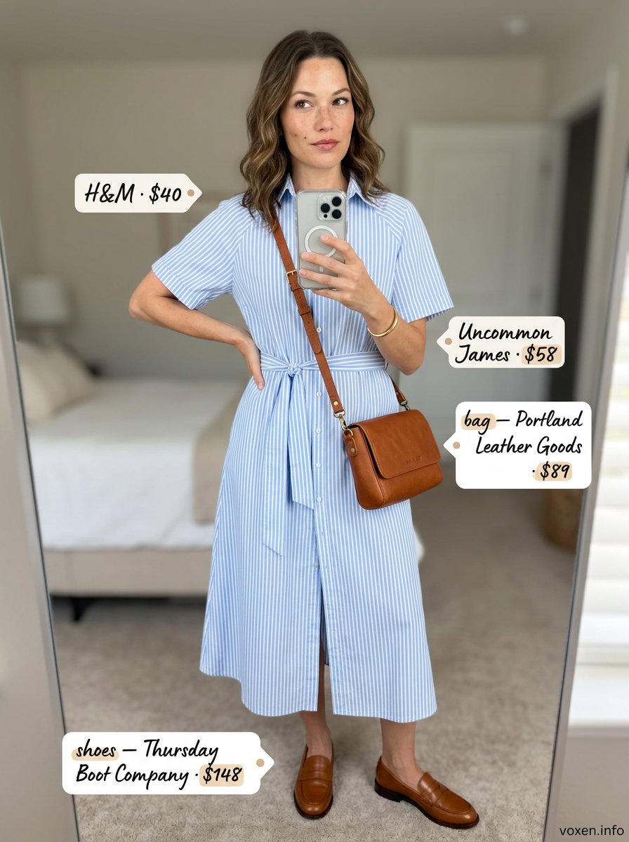 Stylish Mom Outfits Summer 2026: Chic Shirt Dress Stylish mom outfits summer 2026: Blue stripe shirt dress with tan loafers for a polished casual work look.