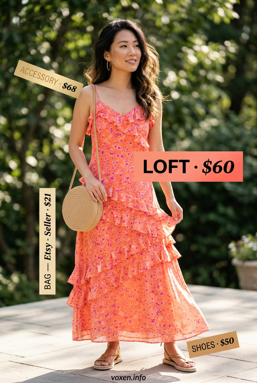 Stylish Mom Outfits Summer 2026: Sunny Sundress Style Stylish mom outfits summer 2026: Coral floral maxi dress with espadrilles for a breezy garden party.