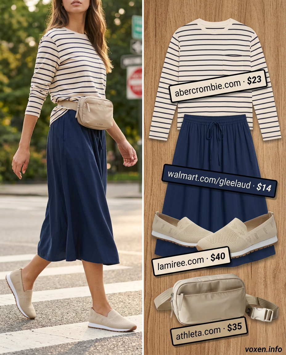 Stylish Mom Outfits Summer 2026: Weekend Wanderer Style Stylish mom outfits summer 2026: Navy midi skirt, striped tee, and belt bag for weekend travel comfort.