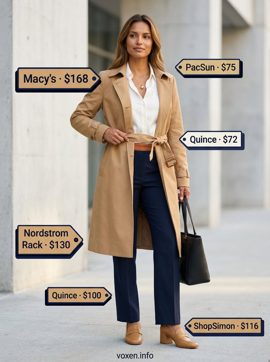 Stylish Mom Outfits Summer 2026: Chic Workwear Ensemble Stylish mom outfits summer 2026: Navy trousers, ivory blouse, camel trench coat for professional events.