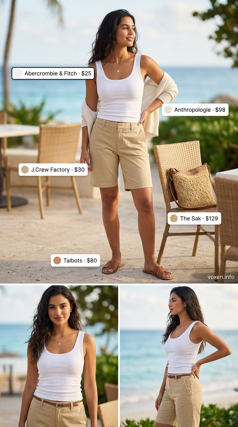 Khaki Bermuda shorts outfit for a summer beach outfit for women 2026. Polished resort wear.