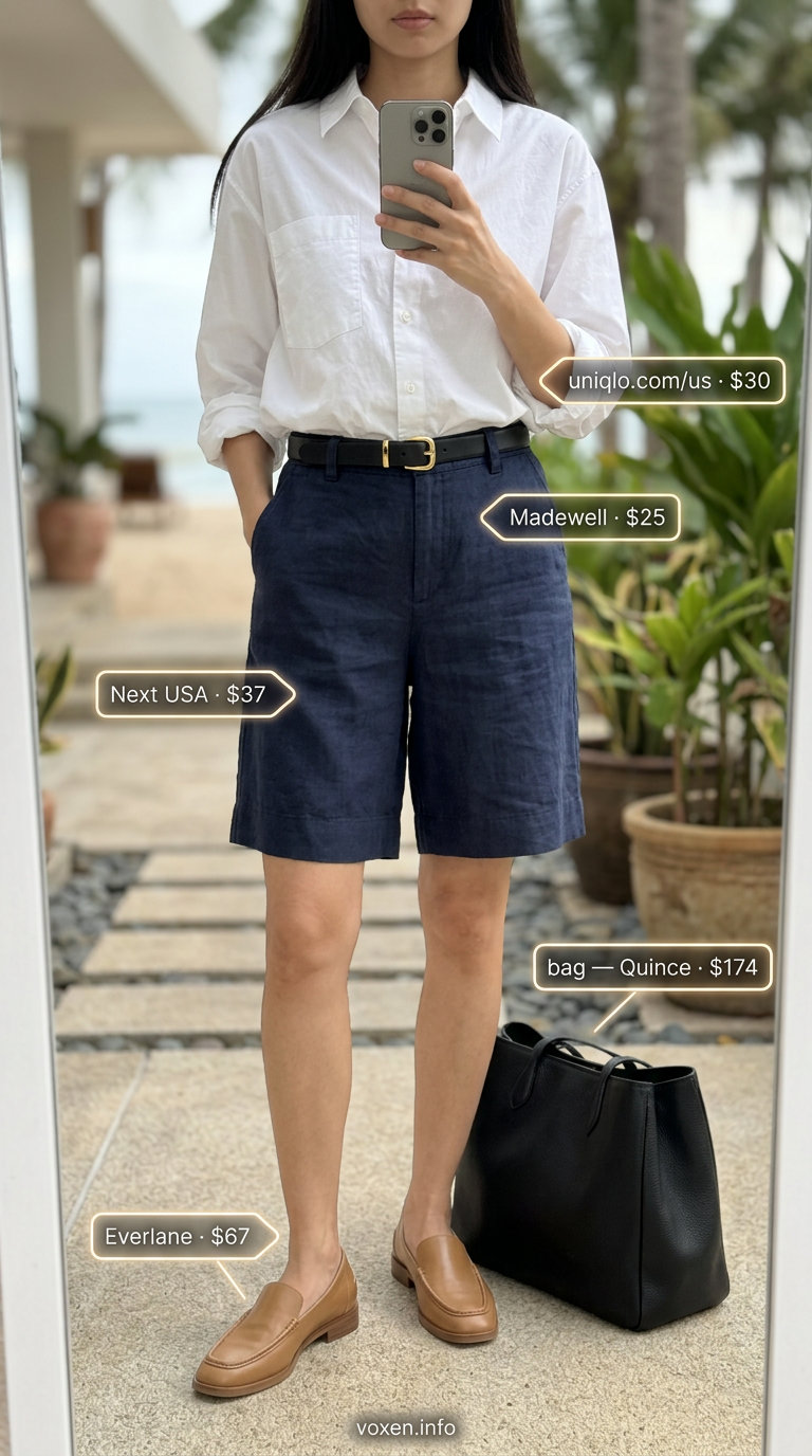 Polished navy linen Bermuda shorts outfit for a summer beach outfit for women 2026 smart casual look.
