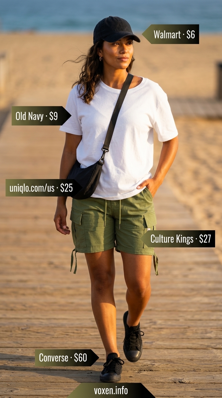 Casual khaki cargo shorts outfit for a summer beach outfit for women 2026 outdoor activity.