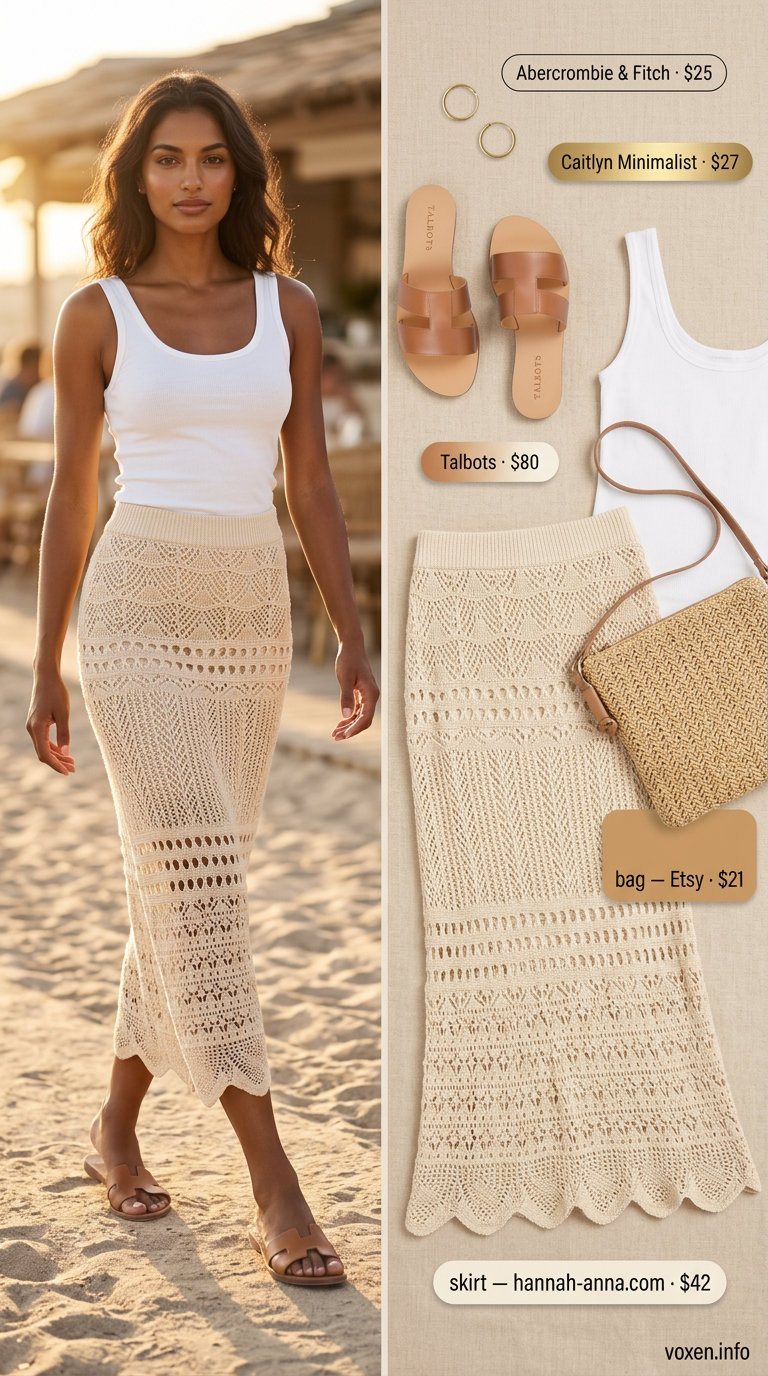 Cream crochet midi skirt cover-up for a summer beach outfit for women 2026. Elegant poolside look.
