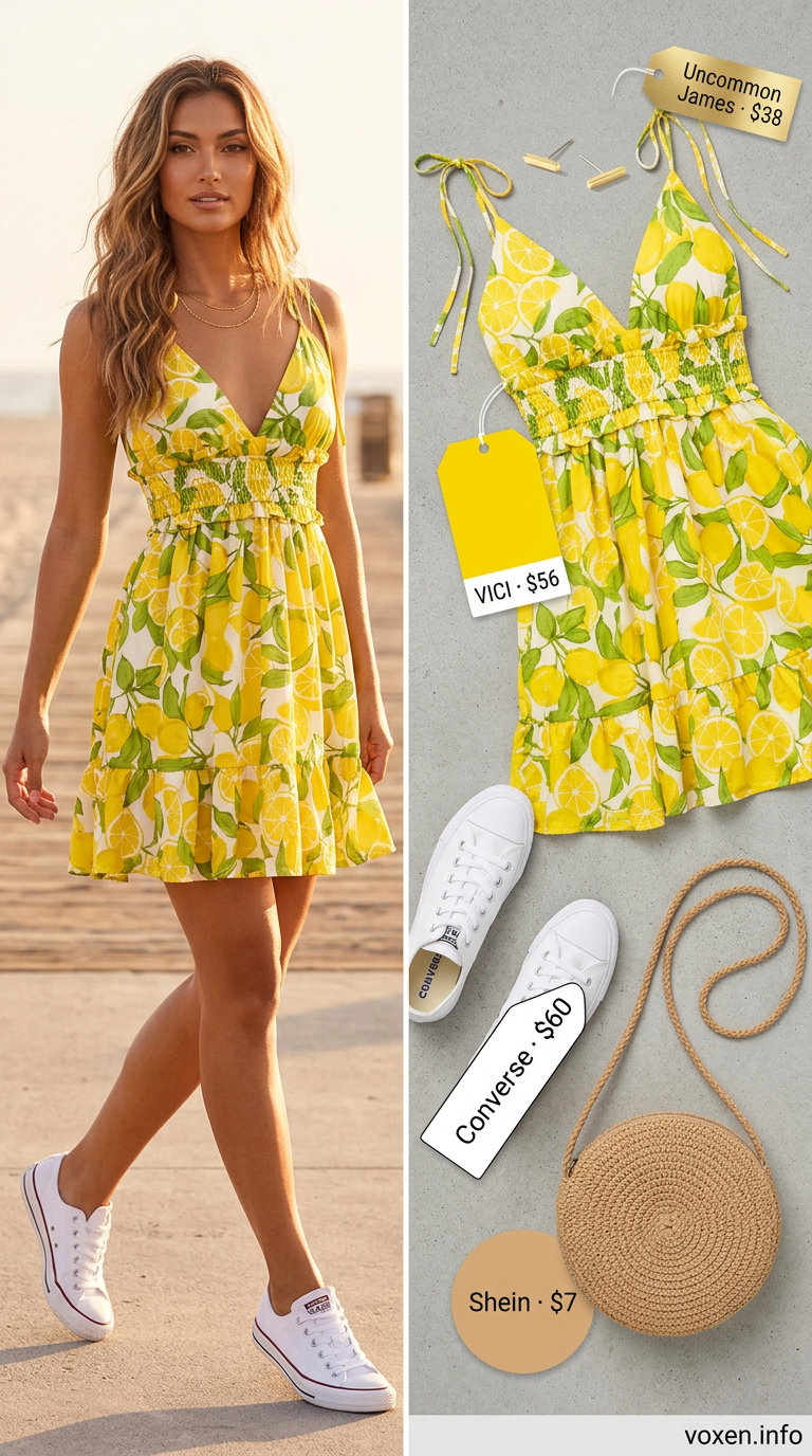 Yellow citrus print sundress for a summer beach outfit for women 2026. Bright and playful look.