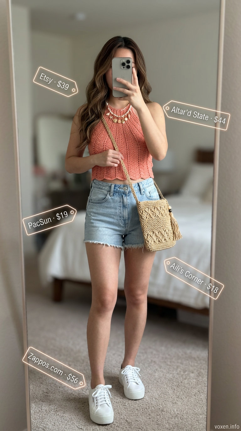 Fun coral crochet crop top outfit for a summer beach outfit for women 2026 festival look.