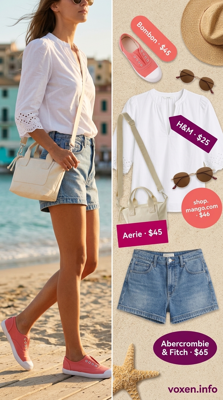Light wash denim shorts outfit for a summer beach outfit for women 2026. Casual seaside exploration.
