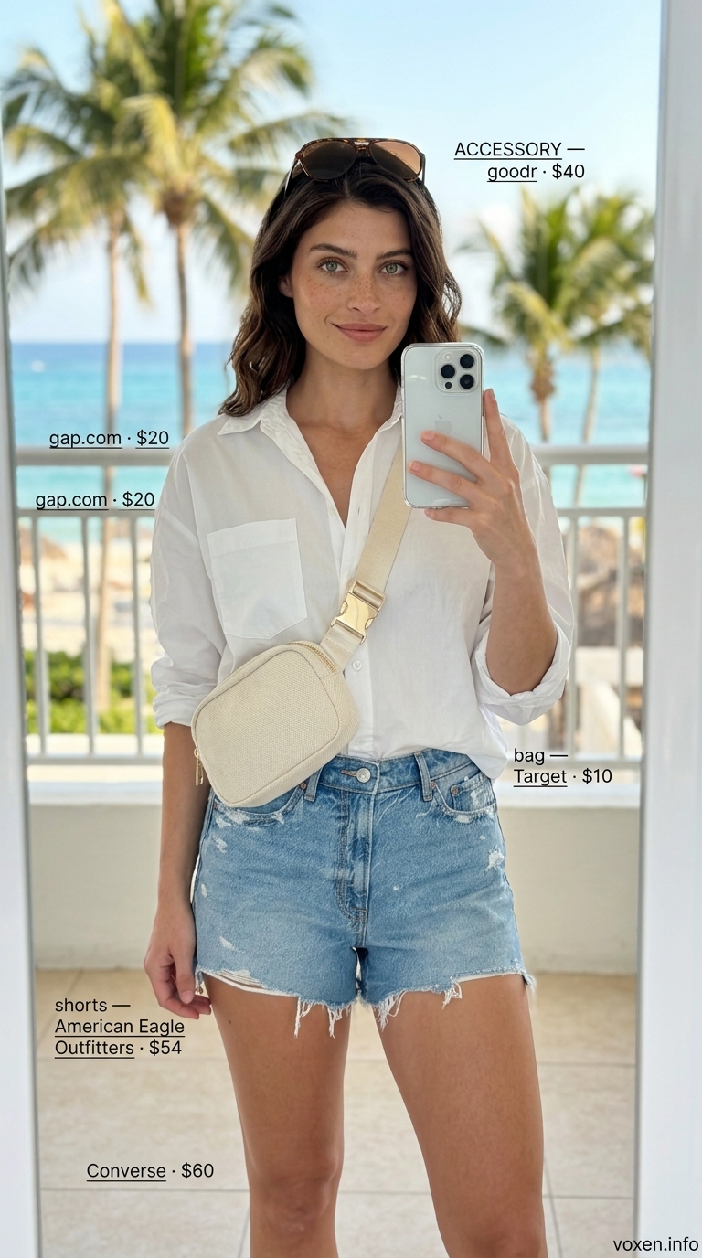 Denim shorts and oversized white shirt for a classic summer beach outfit for women 2026.