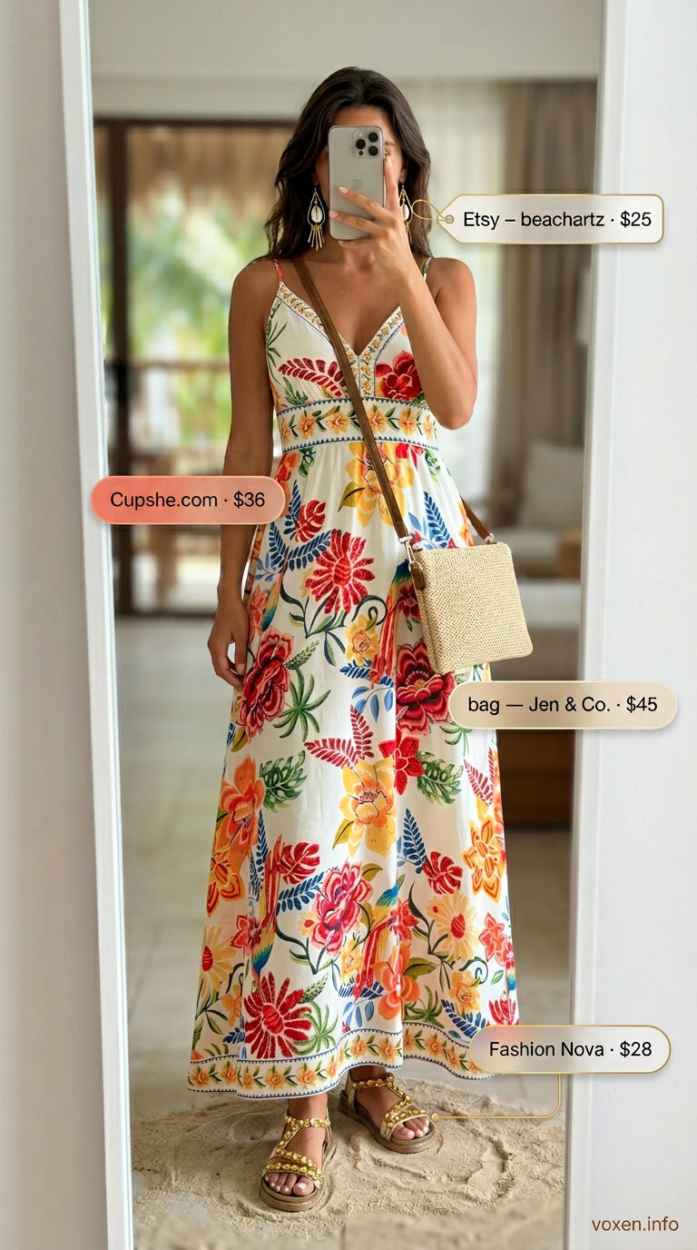 Coral and teal floral maxi dress for a romantic summer beach outfit for women 2026.