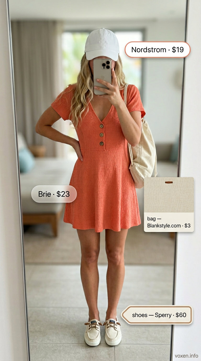Playful coral henley mini dress for a summer beach outfit for women 2026 casual day look.