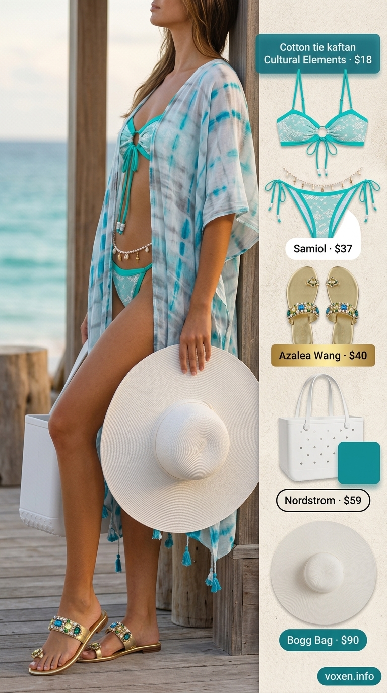 Luxurious white kaftan cover-up for a summer beach outfit for women 2026 resort look.