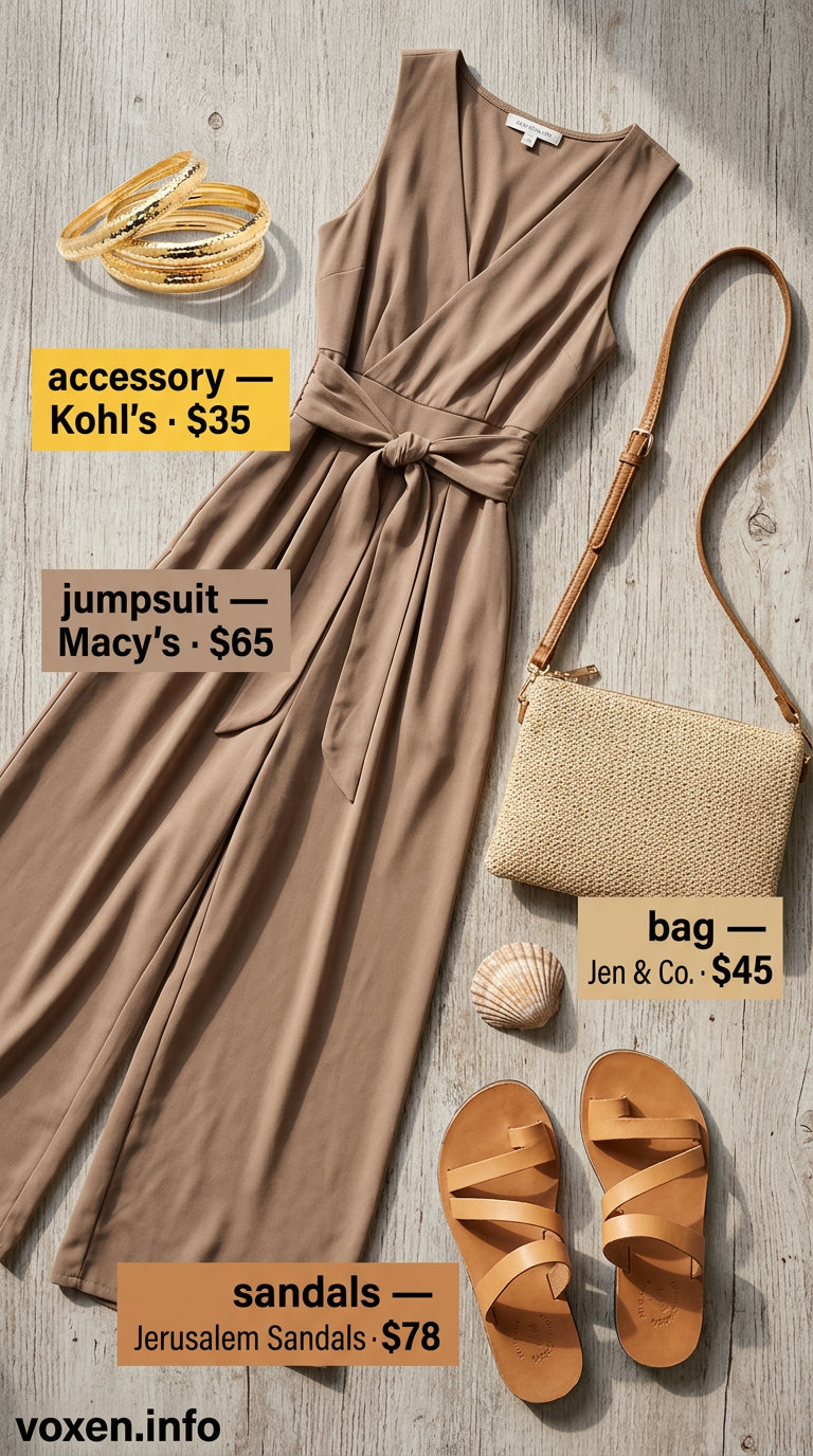 Taupe linen jumpsuit for a sophisticated summer beach outfit for women 2026.