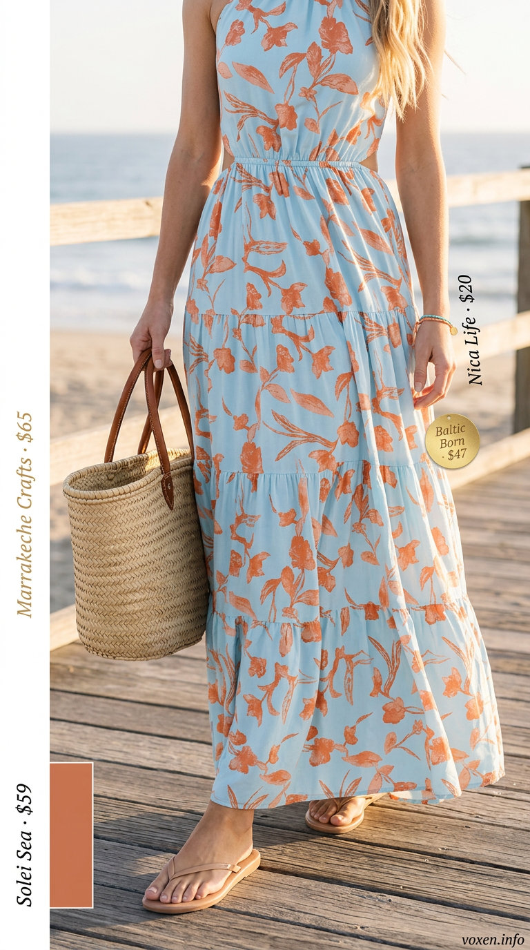 Flowy maxi dress in ocean blue and coral for a bohemian summer beach outfit for women 2026.