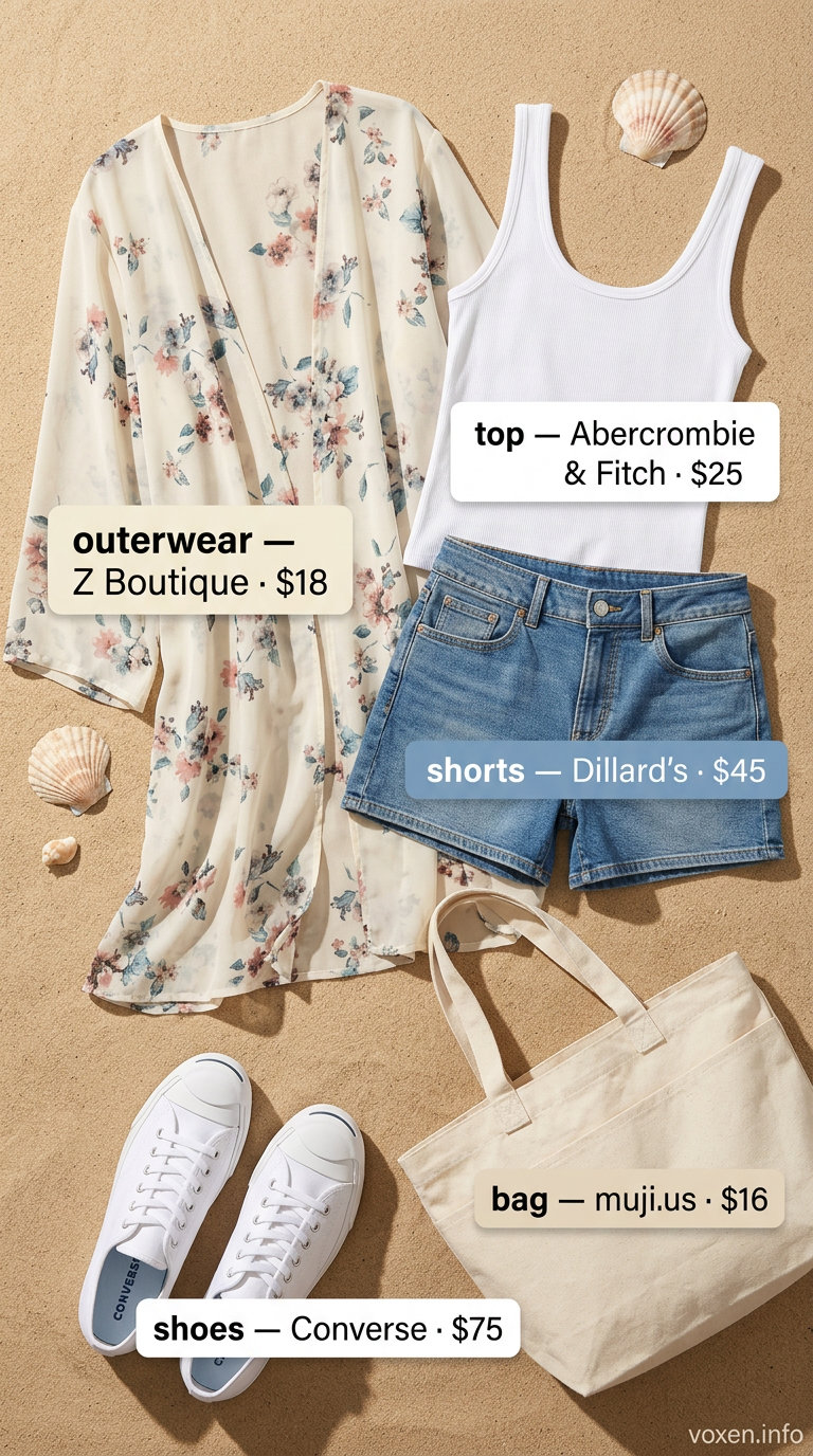 Denim shorts and sheer floral kimono for a bohemian summer beach outfit for women 2026.