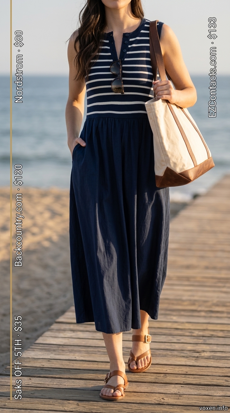 Classic navy and white striped knit midi dress for a summer beach outfit for women 2026 weekend look.