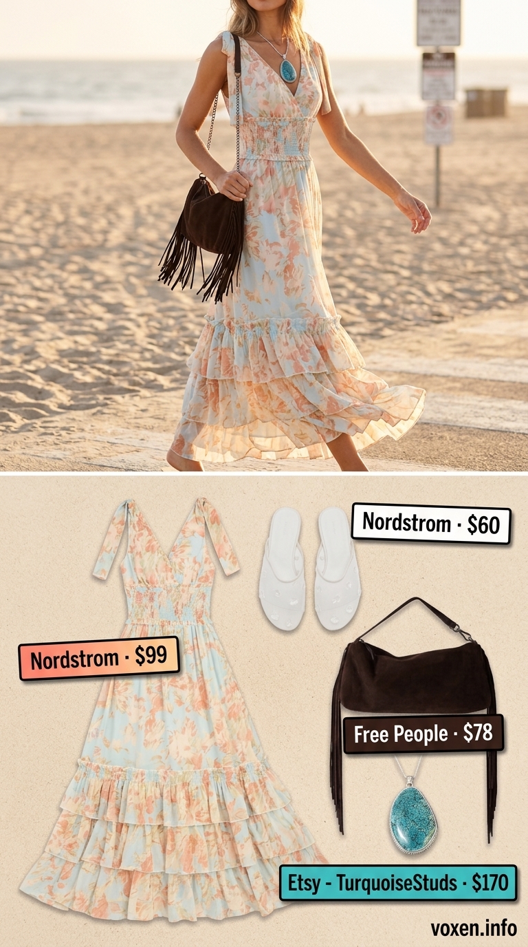 Coral floral maxi dress with turquoise necklace for a summer beach outfit for women 2026. Bohemian vibes.