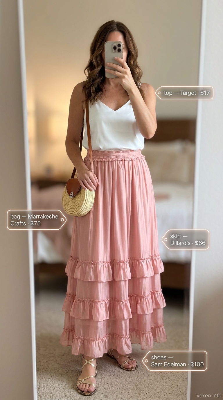 Blush pink chiffon maxi skirt and white camisole for a romantic summer birthday outfit for women 2026 garden party.