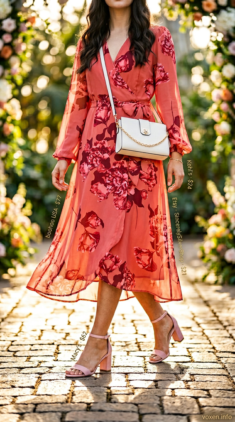 Coral and blush pink floral midi wrap dress for a chic summer birthday outfit for women 2026 brunch.