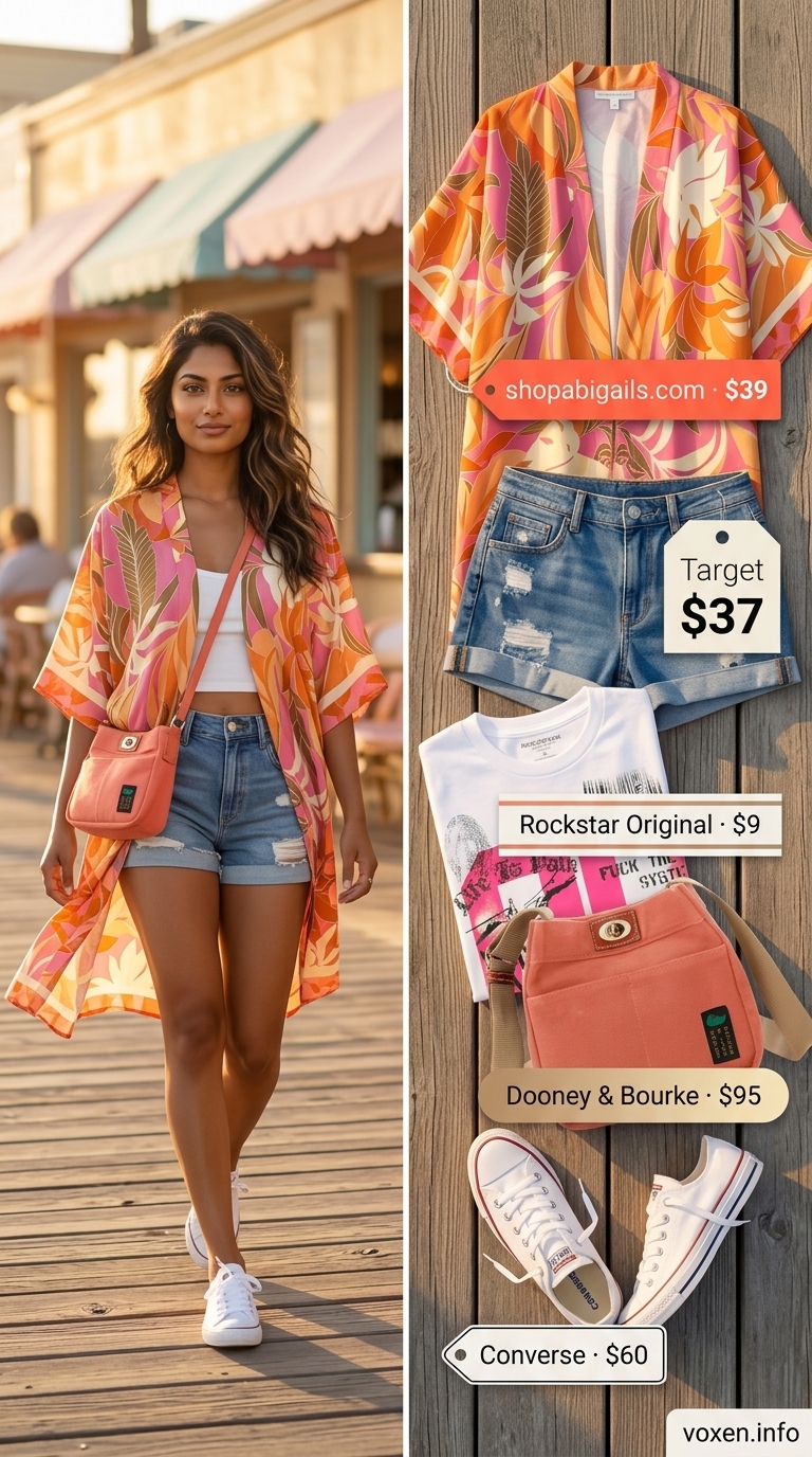 Summer birthday outfit for women 2026: Denim shorts, graphic tee, kimono, and sneakers for a casual party.