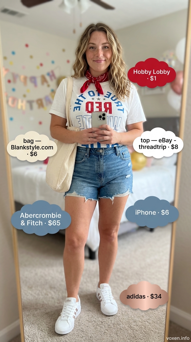 Summer birthday outfit for women 2026: Denim shorts, graphic tee, and sneakers for a weekend outing.