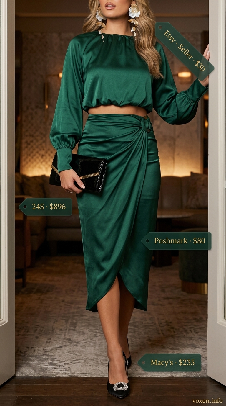 Emerald green satin midi skirt and crop top set for a summer birthday outfit for women 2026 evening party.