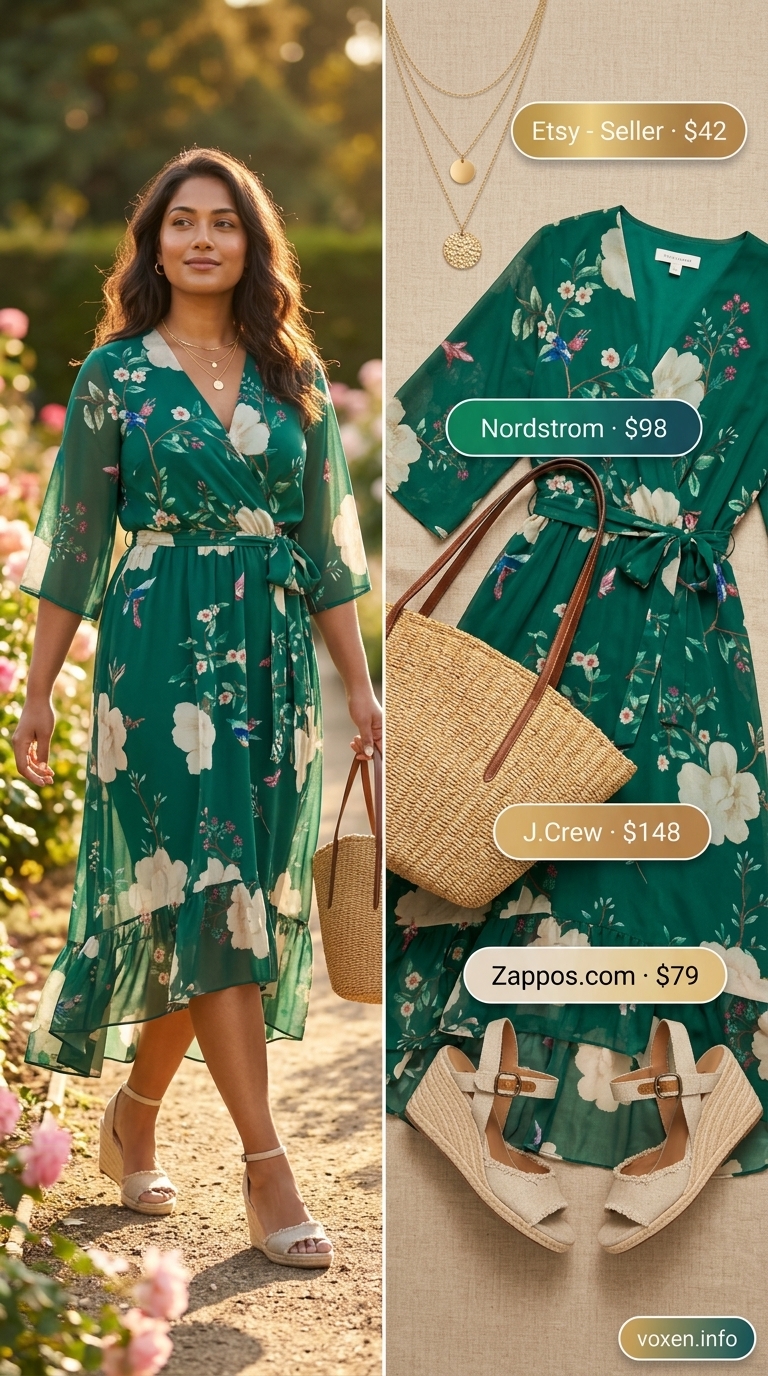 Summer birthday outfit for women 2026: Floral midi wrap dress, straw tote, and espadrilles for a garden party.