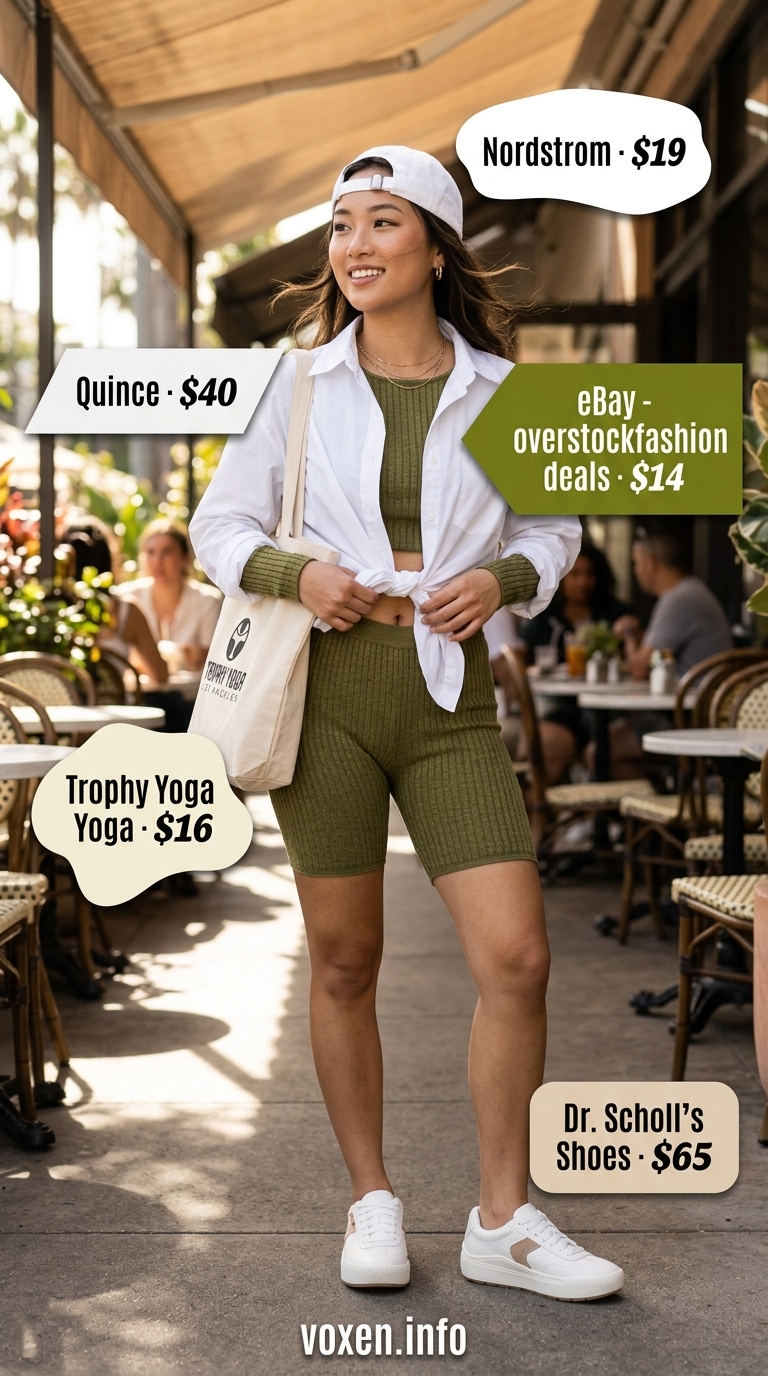 Summer birthday outfit for women 2026: Olive green matching set, oversized shirt, and sneakers for a casual gathering.