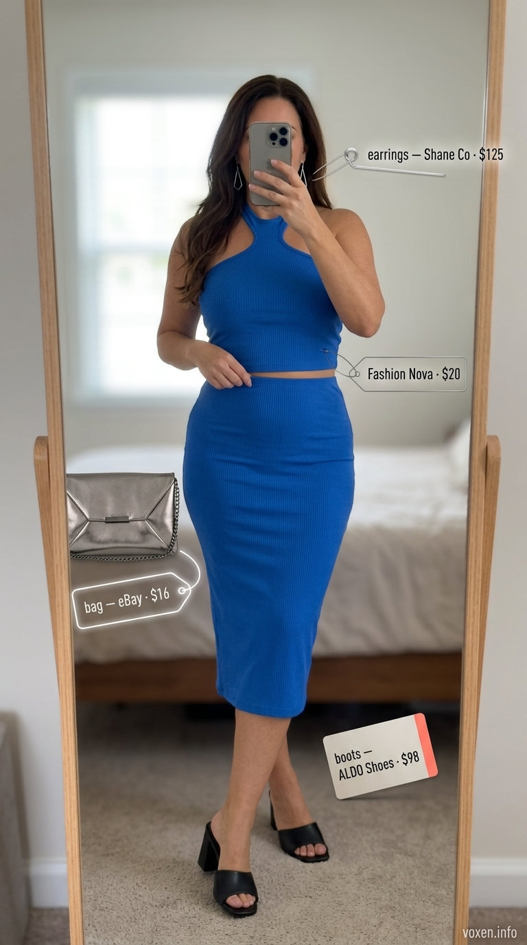 Summer birthday outfit for women 2026: Cobalt blue matching set, heeled mules, and silver earrings for an evening event.